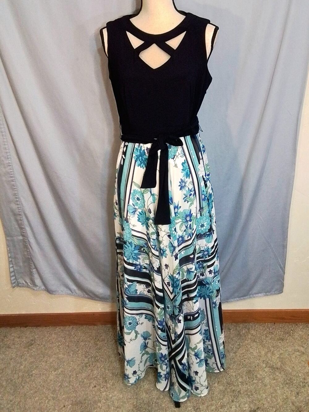 Sandra Darren maxi dress, Black bodice , blue floral skirt